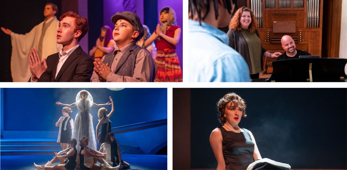 A collage of musical theatre majors performing or learning in the college classroom.