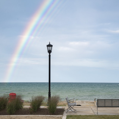 A rainbow is pictured over Lake Michigan.