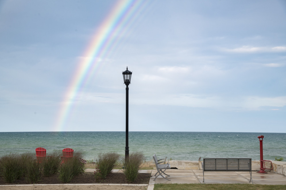 A rainbow is pictured over Lake Michigan.