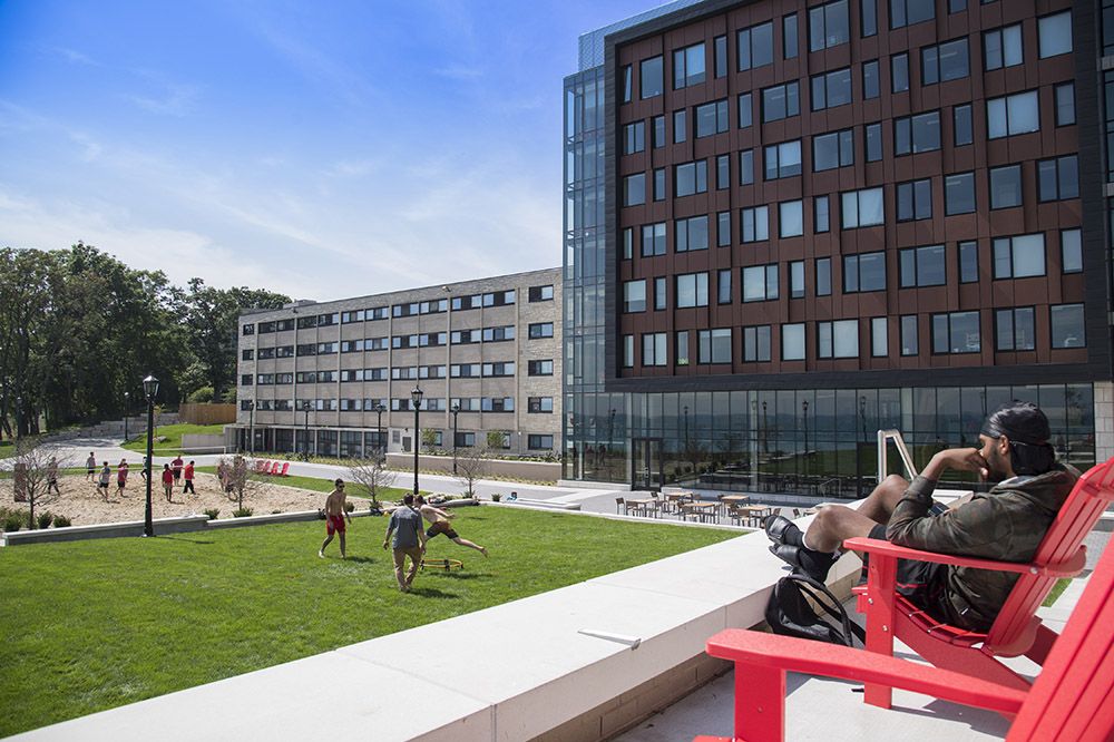 The Tower Terrace includes an outdoor seating area and volleyball court.