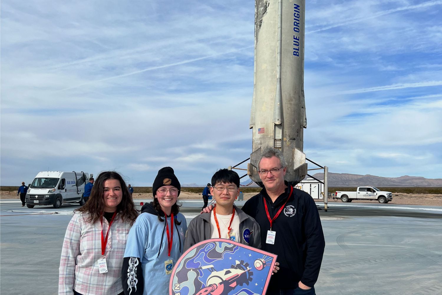 Students and Prof. Kevin Crosby at the launch site of the Blue Origin?s New Shepard rocket.