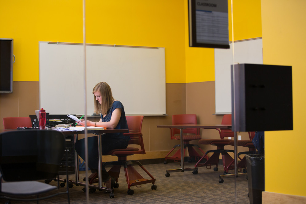 A student studies in Hedberg Library.