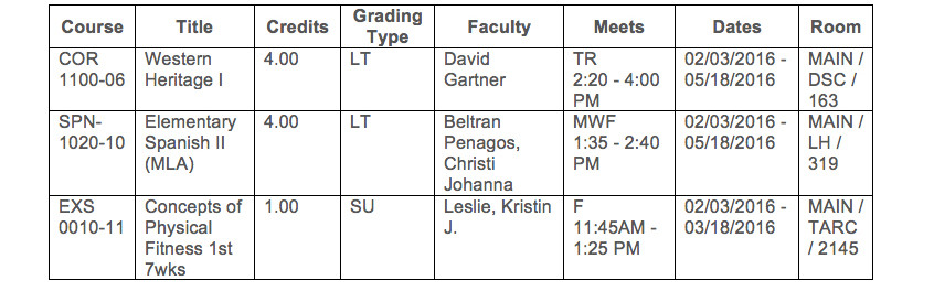 Mock class schedule