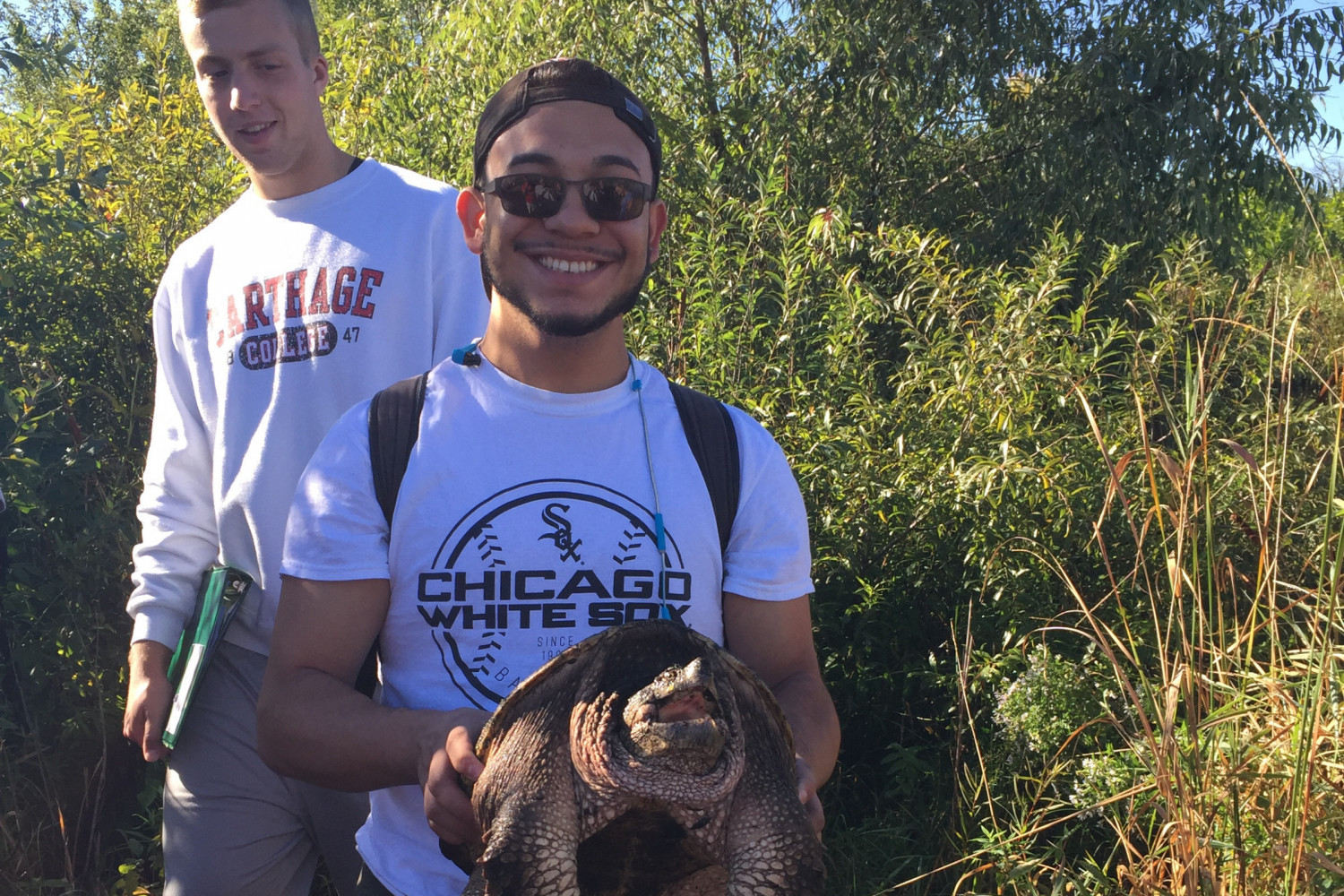 Carthage ecology student learns how to safely handle a common snapping turtle (Chelydra serpentina).