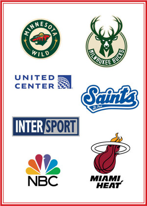 A compilation of logos including the Milwaukee Bucks, Minnesota Wild, United Center, St. Paul Sai...