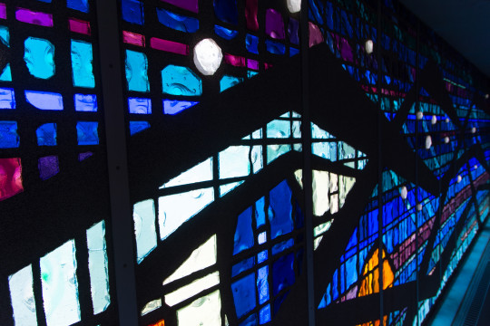 Stained glass inside the A. F. Siebert Chapel on the Carthage College campus.