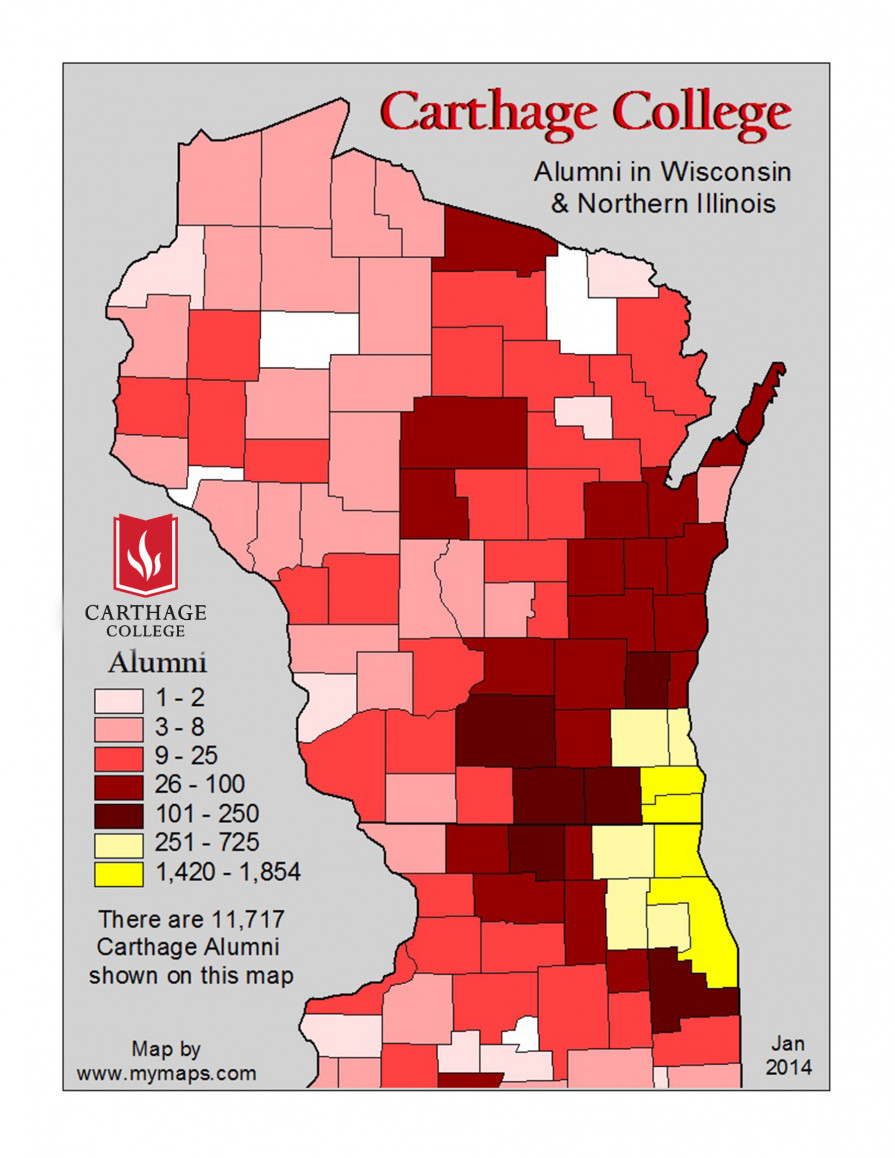 A map of alumni living in Wisconsin and Northern Illinois.