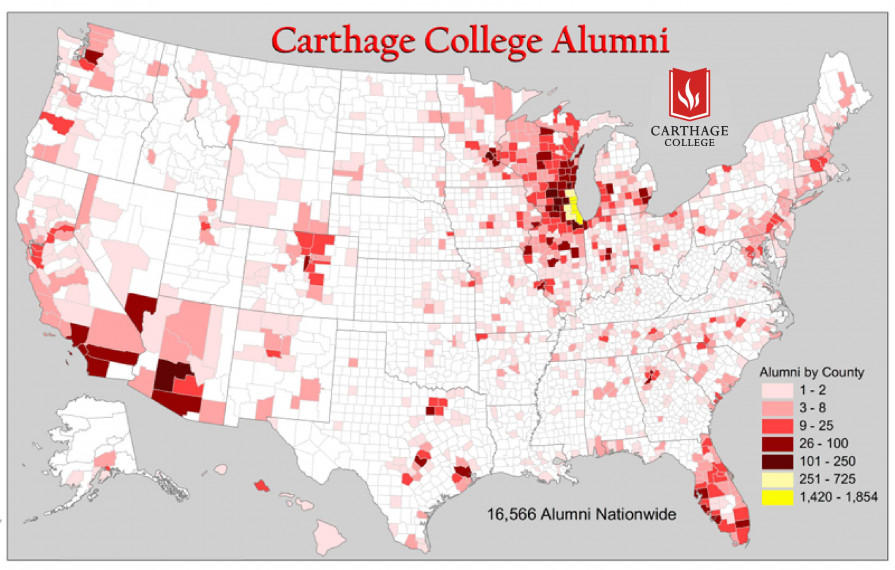 A map of where Carthage alumni in the U.S. live.
