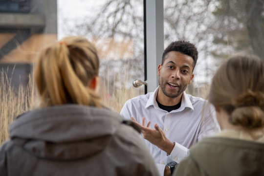 A recruiter speaks to Carthage students during a Pre-Health Fair. The Aspire Network provides Car...