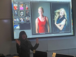 Photographer Camela Langendorf presenting images to students in the Visual Communications class.