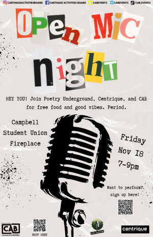 Join Poetry Underground, Centrique Magazine and CAB for a night of comedy, poetry, skits, music, ...