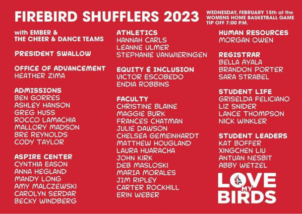 List of faculty, staff, and student leaders doing the Firebird Shuffle.