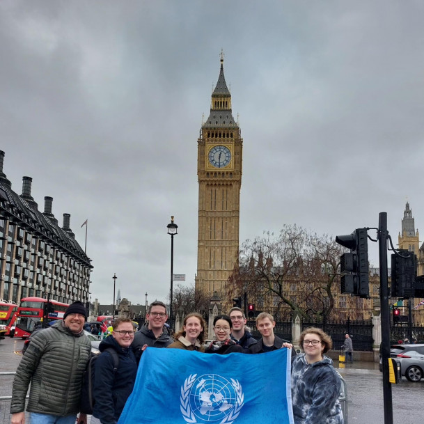 MUN students and Prof. Roberg in front of Big Ben in London, England.