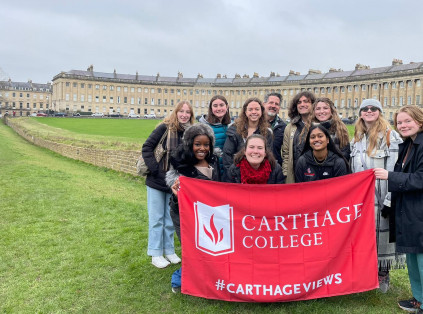 Carthage students standing outside of The Royal Crescent in Bath, England during a J-Term study t...