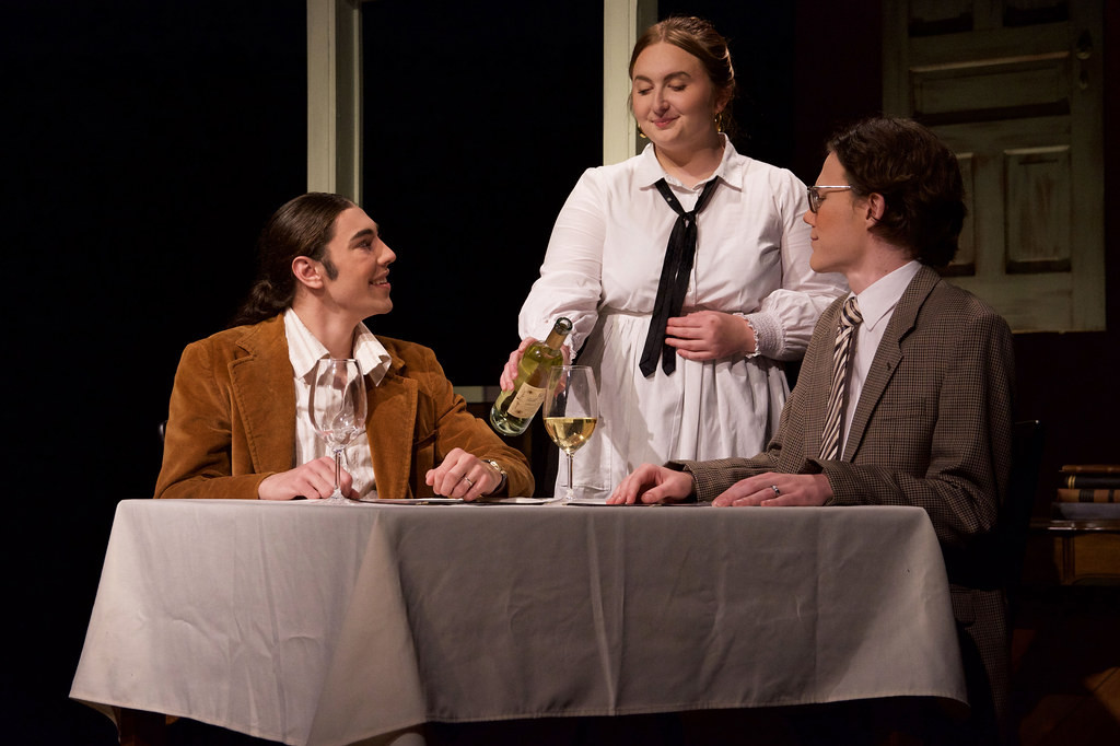 Nicky Caldwell, Becca Robertson, and Carson Flemming in Carthage Theatre's production of Betrayal...