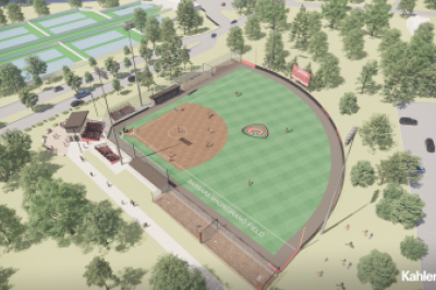 An aerial rendering of the new softball field.