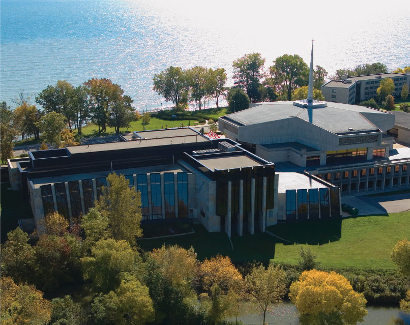 Aerial overlooking Hedberg Library and A. F. Siebert Chapel.