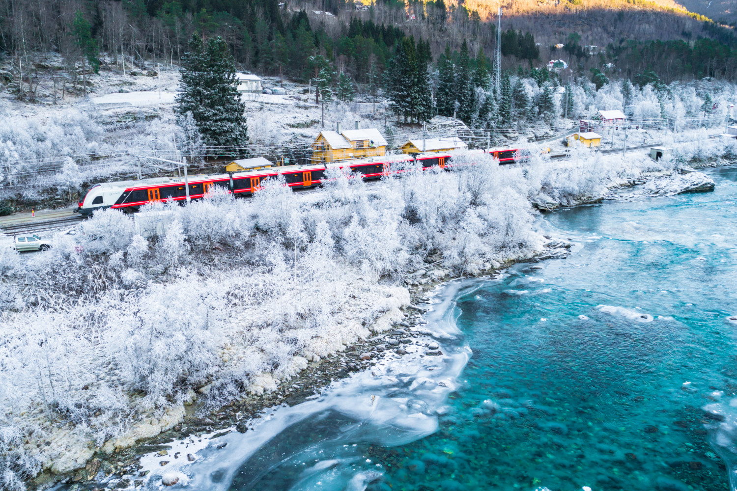 The Oslo-Bergen train in the mountains of Hordaland, Norway.
