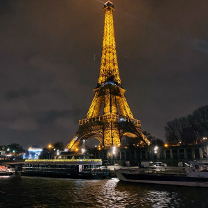 The Eiffel Tower at night, taken on the 2023 Paris J-Term study tour.