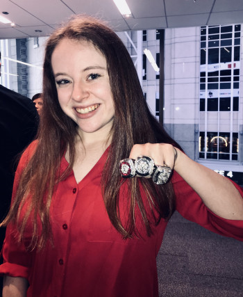 Hanna Snedecor '23 is showcasing the Stanley Cup Championship rings for the Chicago Blackhawks' v...