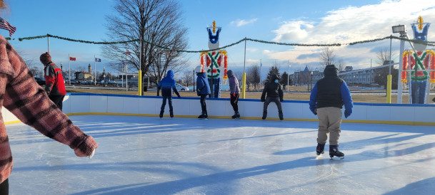 Students ice skating in Veterans Memorial Park in Kenosha, Wis.