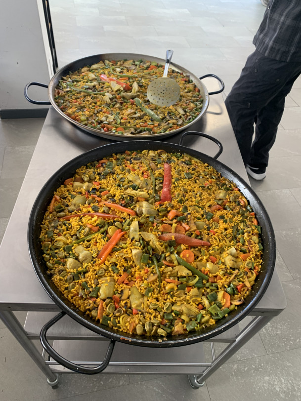 Dishes of paella in the cooking class lead by Chef Alejandro