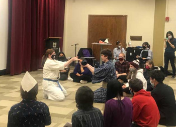 Kris Wolf '24 and Brian Keele '22 demonstrate how to wear Hakama, traditional clothing for Japane...