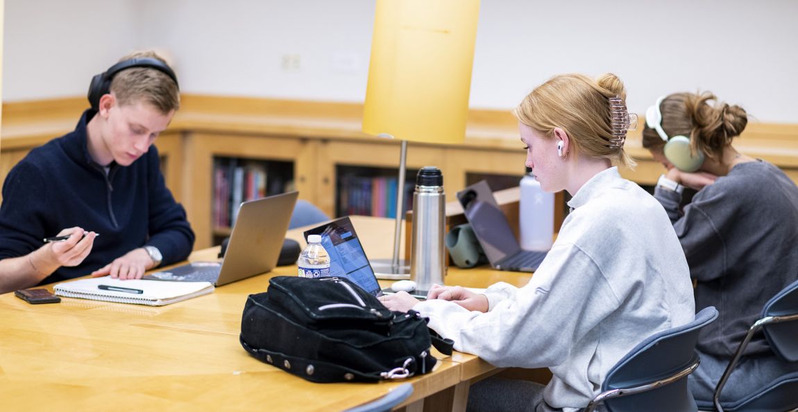 Students study and work on assignments in the library.