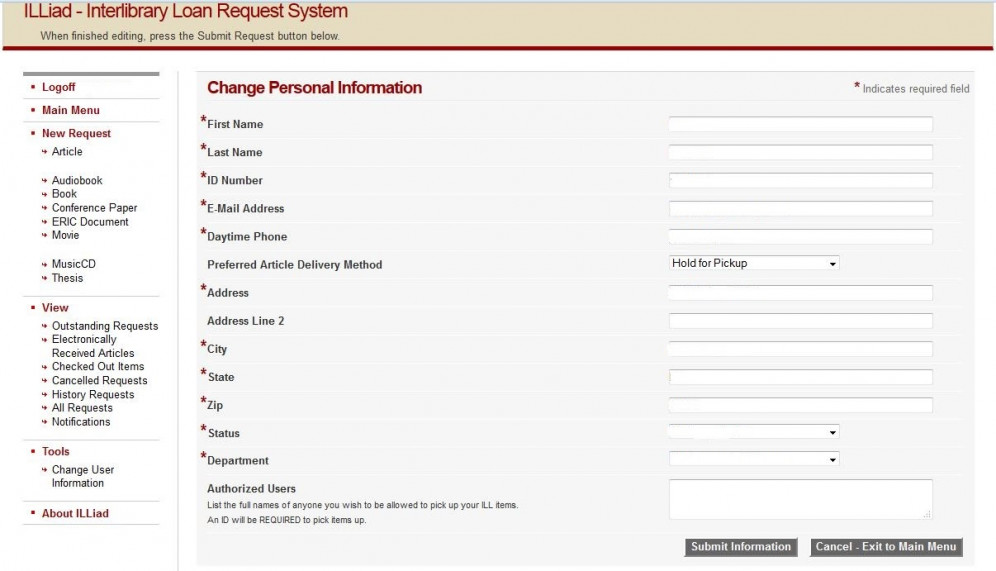 Interlibrary Loan - Change Personal Info screen