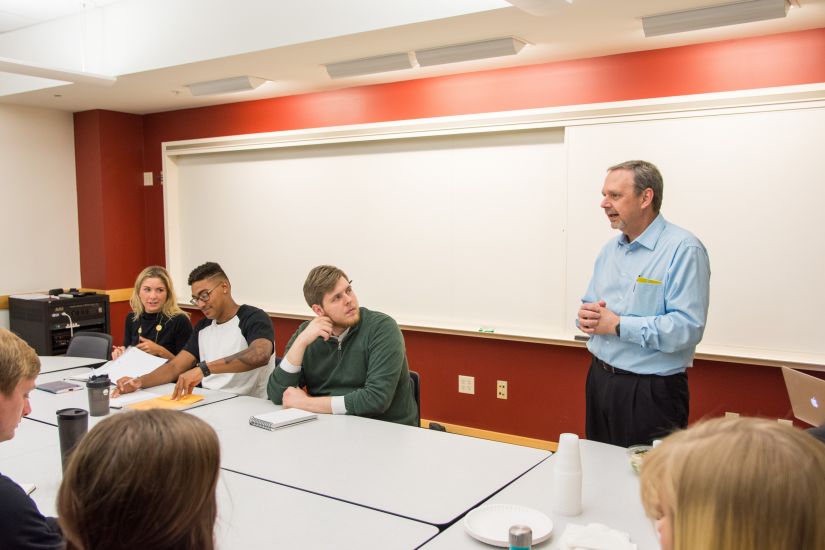 Students pursuing a business management major in a Sales and Marketing class with Prof. JJ Shields.