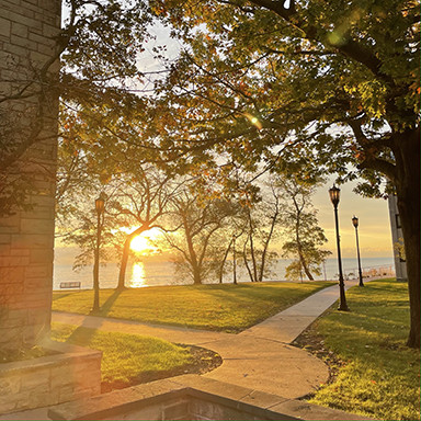 A fall sunrise is spotted between the Todd Wehr Center and Johnson Hall.