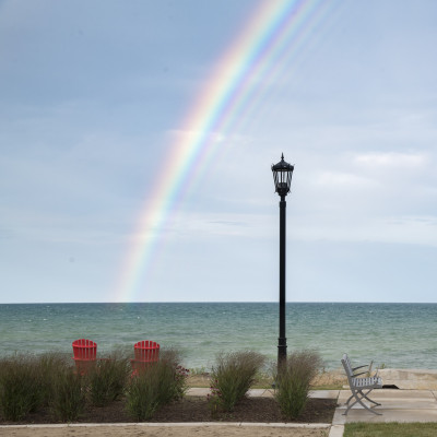 A rainbow over Lake Michigan.