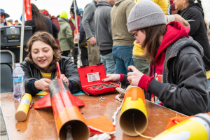 Iris Toney ?25 (left) and Kevin Totts ?25 (right) building their rocket for the First Nations Lau...