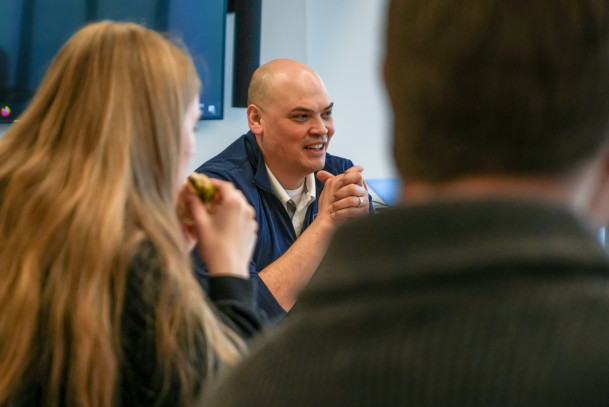 John Hensley ?02, brewmaster for Leinenkugel's, spoke to faculty and students March 3, 2023, at a...