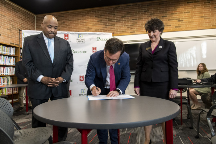 UW-Parkside Chancellor Debbie Ford, RUSD Superintendent Dr. Eric Gallien, and Carthage College Pr...