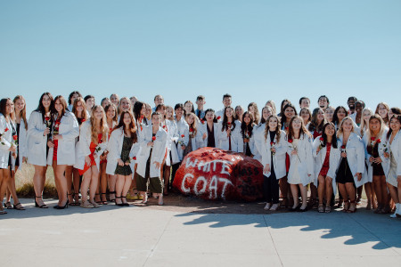 A group photo of the Carthage Wisconsin Nursing Program Class of 2024 at the 2022 White Coat Cere...